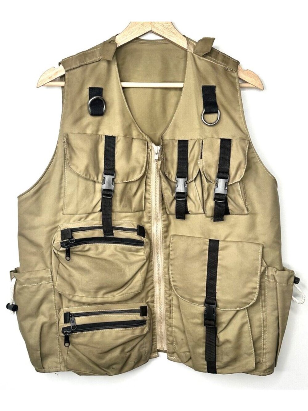 Mens Tactical Utility Fishing Vest Large Beige Multi Pocket Outdoor Hiking Zip